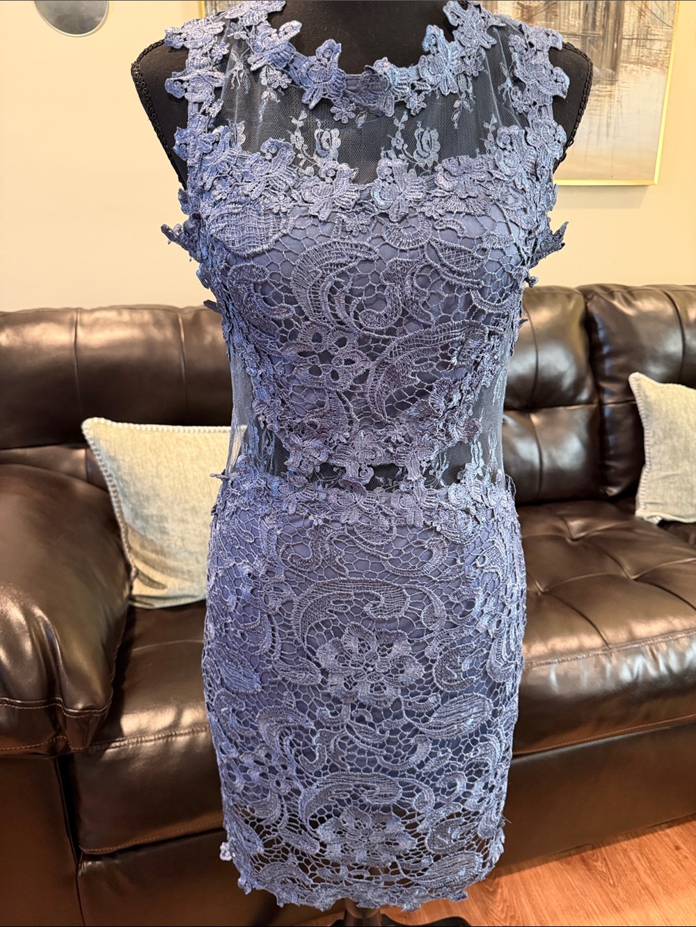 Elegant Blue Lace Sheath Dress - Sleeveless Crochet Overlay Med